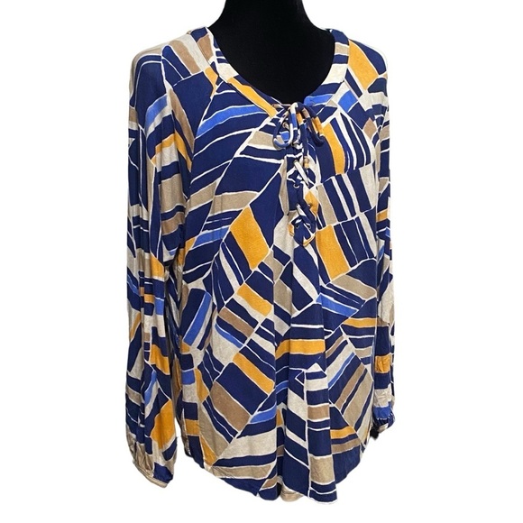 Chico’s Geometric Lace Up Blouse Size Large Blue Orange Abstract Print Top - Picture 5 of 11